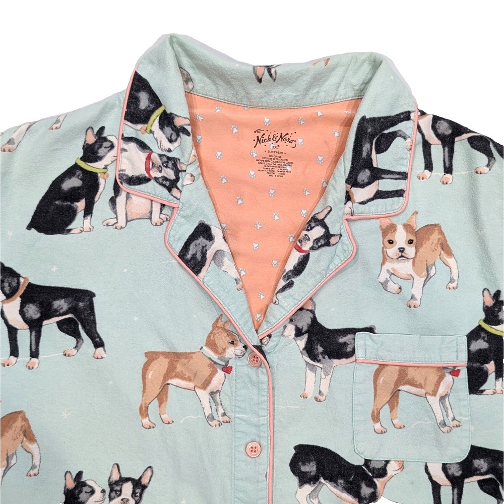 Nick and Nora Pajama Top Cotton Flannel Puppy Eye Dog Lovers Boston Terrier XXL